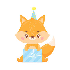 Cute sitting fox with a gift box, stars and confetti. Funny childish character for birthday card, poster, print, kid clothing, invitation. Vector illustration in cartoon style isolated on white