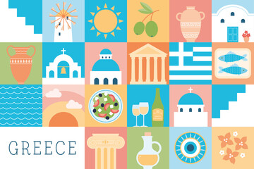 Naklejka premium Travel and Tourism Concept Greece, Greek Islands, Landmarks, Food, Drink, Architecture, Flat Icons Design 