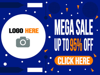 Mega sale 95% off in blue. Banner for logo and purchase targeting click.