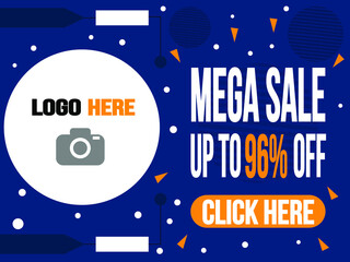 Mega sale 96% off in blue. Banner for logo and purchase targeting click.