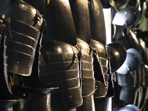 many medieval iron metal armor