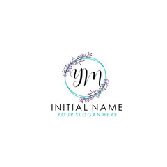 Initial letter YM handwriting with floral frame template