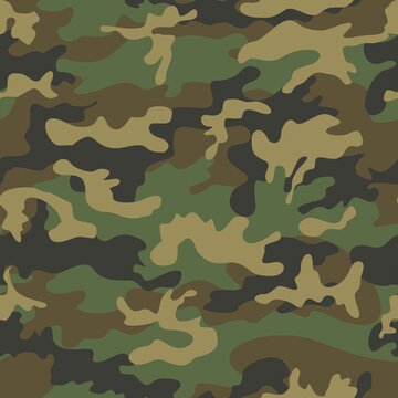 Army camo vector pattern, military uniform seamless background, green brown spots. Ornament