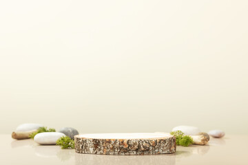 Mock up stand for product presentation. Wood podium with green leaves and natural stones. Front view