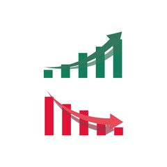 Graph going Up and Down sign with green and red arrows. Colored vector icon illustration isolated on white background. Trendy flat symbol, sign, for: infographic, app, web, dev, ui, ux, gui. EPS 10