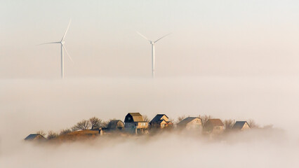 Wind turbines in the dawn light. Morning fog.