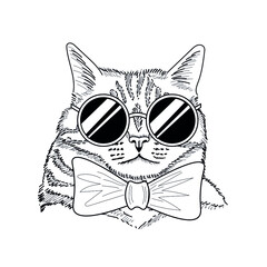 Hand drawn ink cat wearing sunglasses and bow tie. Engraved, vintage print. Modern. cool and confident. Avatar.