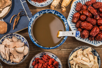 Various Chinese herbal medicines made into a bowl of Chinese medicine