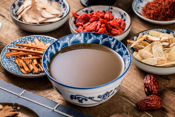Various Chinese herbal medicines made into a bowl of Chinese medicine