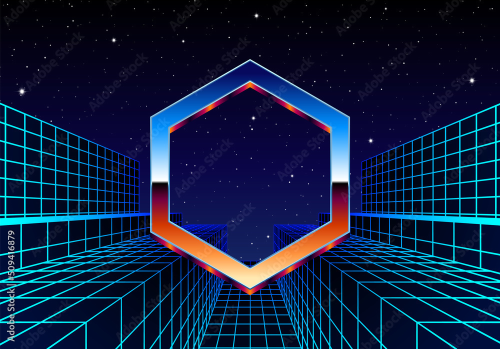 Poster synthwave frame with chrome hexagon and 80s styled synthwave arcade game landscape.