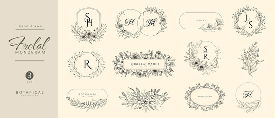Set of wedding monogram, botanical floral branch and frames. Botanical vintage foliage for wedding invitation, wall art or card template. Minimal line art drawing. Vector - 509417484