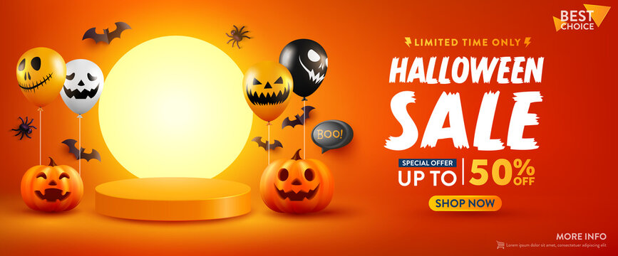 Halloween Sale Promotion Poster or banner with Halloween Pumpkin, Ghost Balloons and Product podium scene.Scary air balloons.Website spooky,Background or banner Halloween template.