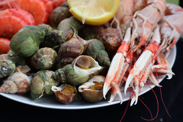 Seafood platter: fresh shrimps, snails, langoustines and lemon. Partially blurred and unfocused