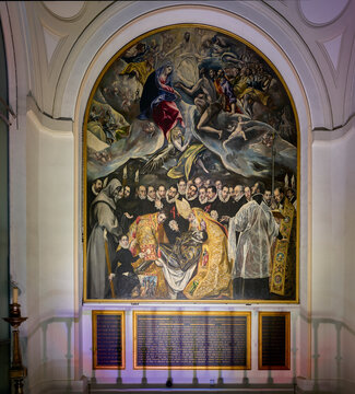 Toledo, Spain - June 30, 2022. The Burial of the Count of Orgaz, a 1586 painting by El Greco, in the Santo Tome church. Toledo, Castilla La Mancha, Spain.