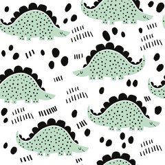 Cute Simple Dino Seamless Vector Patterns. Green Funny Dinosaurs on a White Background. White Dragons on a Green. Simple Nursery Art ideal for Fabric, Wrapping Papers, Textile