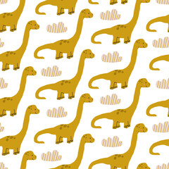 childish dinosaur seamless pattern for fashion clothes, fabric, t shirts. hand drawn vector with lettering. brontosaurus dino pattern © tanya