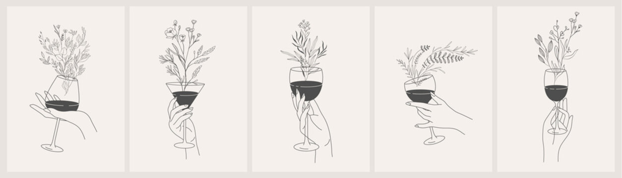 Poster or card with different woman hands gestures hold wineglass or drink with floral elements. Smell of wine like branches and blooming flowers. Vector concept