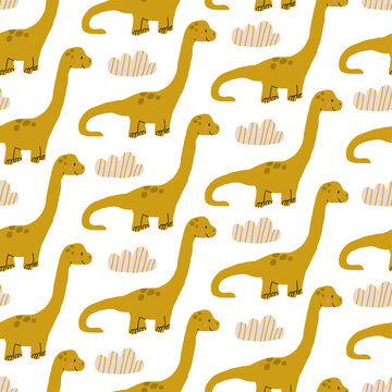 childish dinosaur seamless pattern for fashion clothes, fabric, t shirts. hand drawn vector with lettering. brontosaurus dino pattern
