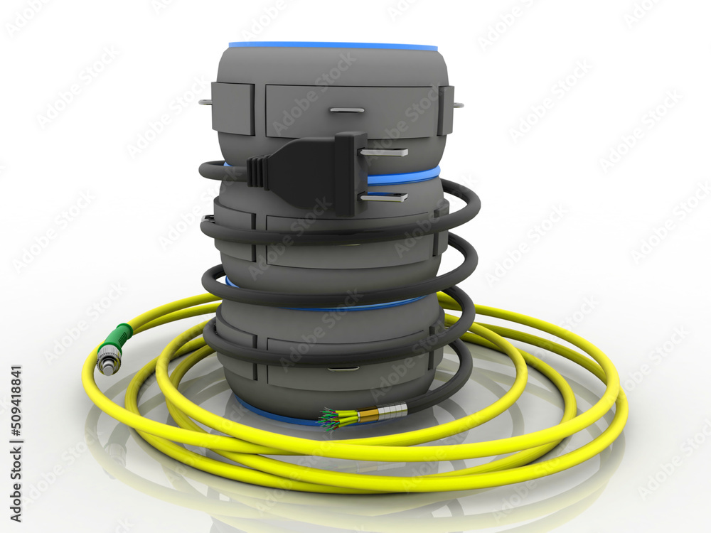 Poster 3d rendering database storage data base with charging cable and optical cable