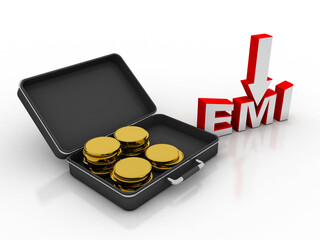 3d rendering Gold coins in briefcase with EMI 