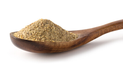 ground horse gram, macrotyloma uniflorum in a wooden spoon, tropical south asian legume most...