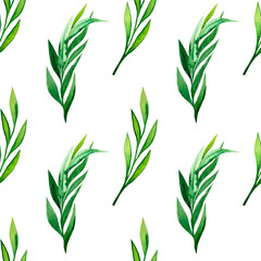 Green watercolor branches with leaves seamless pattern. Endless vegetable background. Hand drawn backdrop and wallpaper. For fabric and packaging paper.