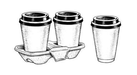 Sketch illustrations of Coffee Cups and carrier
