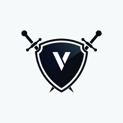 letter V shield with sword 3d logo design concept template vector 3d heraldic shield logo warrior emblem