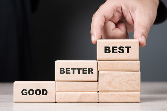 Good, Better, and Best concept on step stack wood blocks, with hand pick the best one on the top