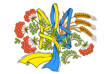 Vector illustration design, decorative version of the state symbol of Ukraine trident. Ribbon in blue and yellow flag, viburnum berries and ears of wheat - obrazy, fototapety, plakaty