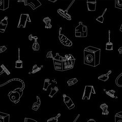 Seamless pattern with doodle style cleaning elements.