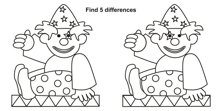 Clown, educational page, find five differences, coloring book, vector illustration