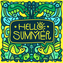Handwriting Letter Hello Summer. Hand drawn name of the season of the year with an abstract background. Colorful ornament. Doodle drawings. A bright poster with a welcome phrase. Vector illustration