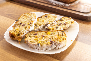 fruit cupcake on a wooden background. stollen. food concept