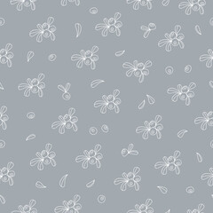 Doodle blueberries with leaves isolated on a blue background. Vector seamless pattern. Backdrop with ripe garden berries. Simple design for textiles, wrapping paper, wallpaper. Outline illustration.