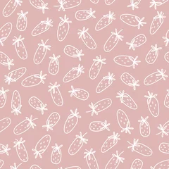 Foto op Aluminium Doodle strawberries isolated on a pink background. Vector seamless pattern. Backdrop with ripe berries. Simple design for textiles, wrapping paper, wallpaper. Outline illustration. © kindbird