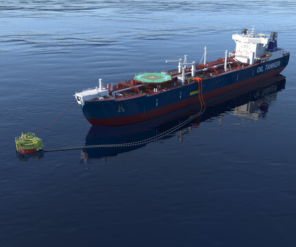 Oil tanker at the SPM buoy. 3d-rendering. A double-acting Arctic tanker at a single-point mooring (SPM buoy). Oil terminal with connected flexible hoses. The process of oil transshipment. 