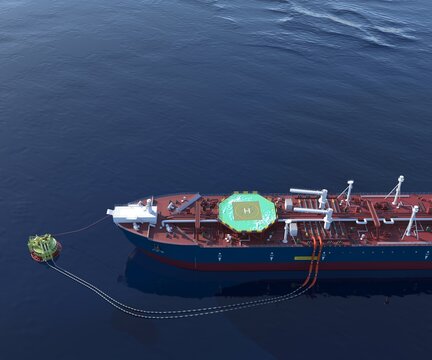 Oil tanker at the SPM buoy. 3d-rendering. A double-acting Arctic tanker at a single-point mooring (SPM buoy). Oil terminal with connected flexible hoses. The process of oil transshipment. 