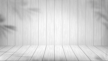 Wood texture wall room.3d Studio Backdrop banner with palm leaf shadow on White washed wooden panel board. Grey wood vintage background