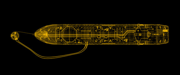 Oil tanker with SPM buoy. Scheme. 3d-rendering. A double-acting Arctic tanker at a single-point mooring (SPM buoy). Oil terminal with connected flexible hoses.  Yellow scheme isolated on black