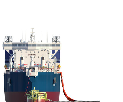 Oil tanker at the SPM buoy. 3d-rendering. A double-acting Arctic tanker at a single-point mooring (SPM buoy). Oil terminal with connected flexible hoses. The process of oil transshipment. Isolated on 