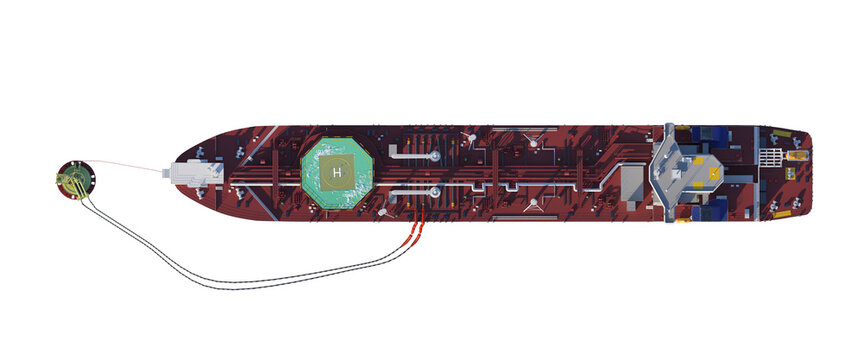 Oil tanker at the SPM buoy. 3d-rendering. A double-acting Arctic tanker at a single-point mooring (SPM buoy). Oil terminal with connected flexible hoses. The process of oil transshipment. Isolated on 