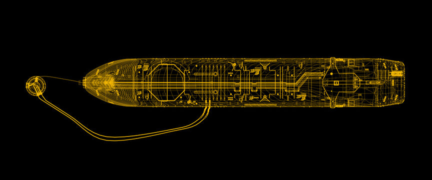 Oil tanker with SPM buoy. Scheme. 3d-rendering. A double-acting Arctic tanker at a single-point mooring (SPM buoy). Oil terminal with connected flexible hoses.  Yellow scheme isolated on black