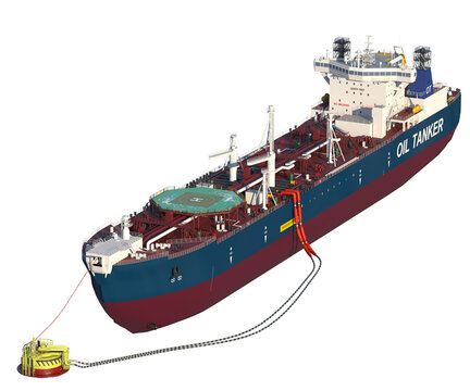 Oil tanker at the SPM buoy. 3d-rendering. A double-acting Arctic tanker at a single-point mooring (SPM buoy). Oil terminal with connected flexible hoses. The process of oil transshipment. Isolated on 