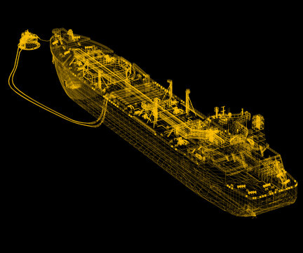 Oil tanker with SPM buoy. Scheme. 3d-rendering. A double-acting Arctic tanker at a single-point mooring (SPM buoy). Oil terminal with connected flexible hoses.  Yellow scheme isolated on black