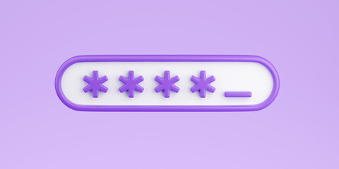 Locked password field 3d render - input box with asterisks for passcode or pin isolated on purple background.