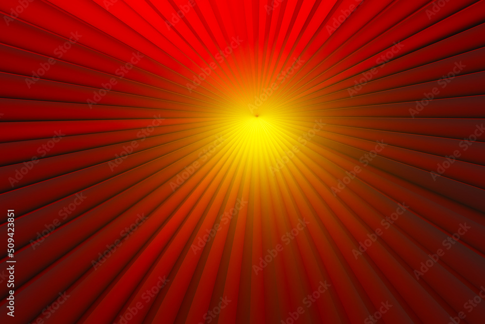 Poster red background. straight lines come from center. tunnel with glow in middle. geometric background. a