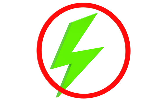 Green lightning. Green energy symbol. Lightning in red ring. Green energy icon for site about ecology. Energy metaphors. Element for website interface isolated on white. 3d rendering.