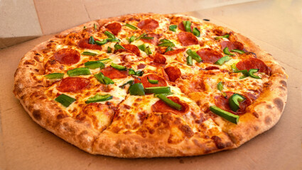 Pepperoni or Diabola Pizza in Delivery Box Top View