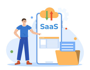 SaaS software, cloud server concept. Internet security, online business communication. Cloud computing database. Vector illustration